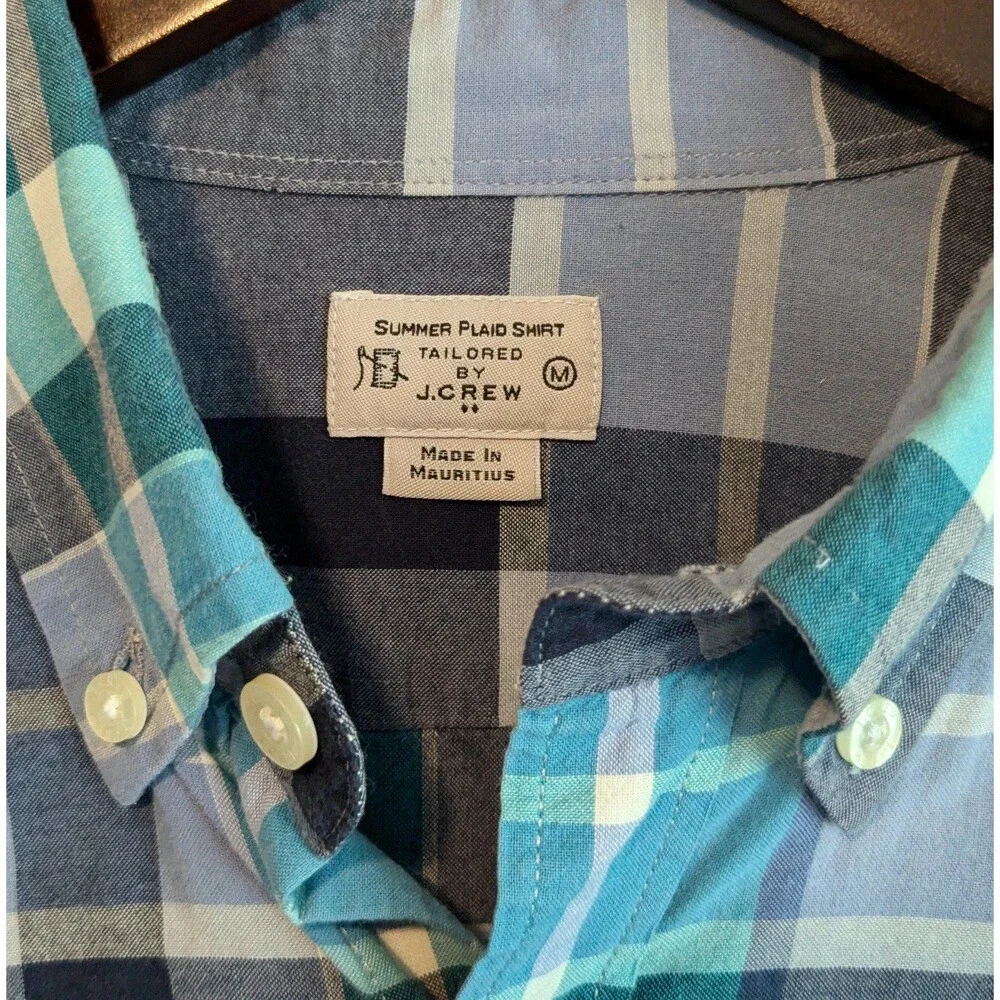 J. Crew Mens Medium M Lightweight Blue Green Plaid Long Sleeve Button Down Shirt